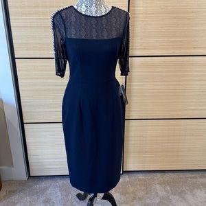 NWT Maggie London navy dress, short sleeve, sheer shoulder w/pearl detail, sz 6